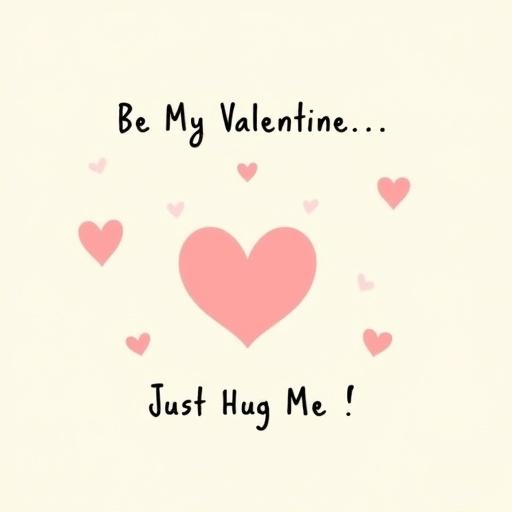 A digital Valentine's Day message with black cursive text on a pale background. Text includes 'Be My Valentine...' at the top and 'Just Hug Me!' at the bottom. Pink hearts in various sizes are scattered around a larger heart.