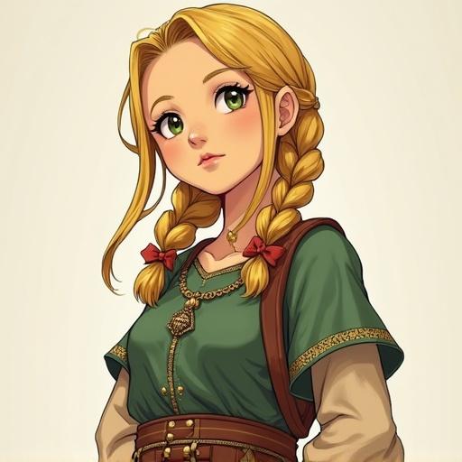 Image of a girl in a village-like outfit inspired by fantasy games. She has blond hair styled in braids. Her green dress features decorative details. She has bright eyes and a friendly expression.