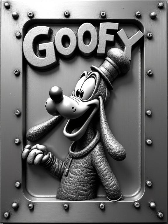 A high-relief illustration of the character Goofy in a three-dimensional engagement. Show the character mid-laugh with an asymmetric hat and floppy ears, rendered on a polished steel plate. The surface has intricate texturing for depth and dynamic shadows. Include the name 'GOOFY' above in raised relief and encircled by a riveted steel frame with a brushed finish. The background should be a smooth, polished steel surface enhancing the art's three-dimensional aspect.