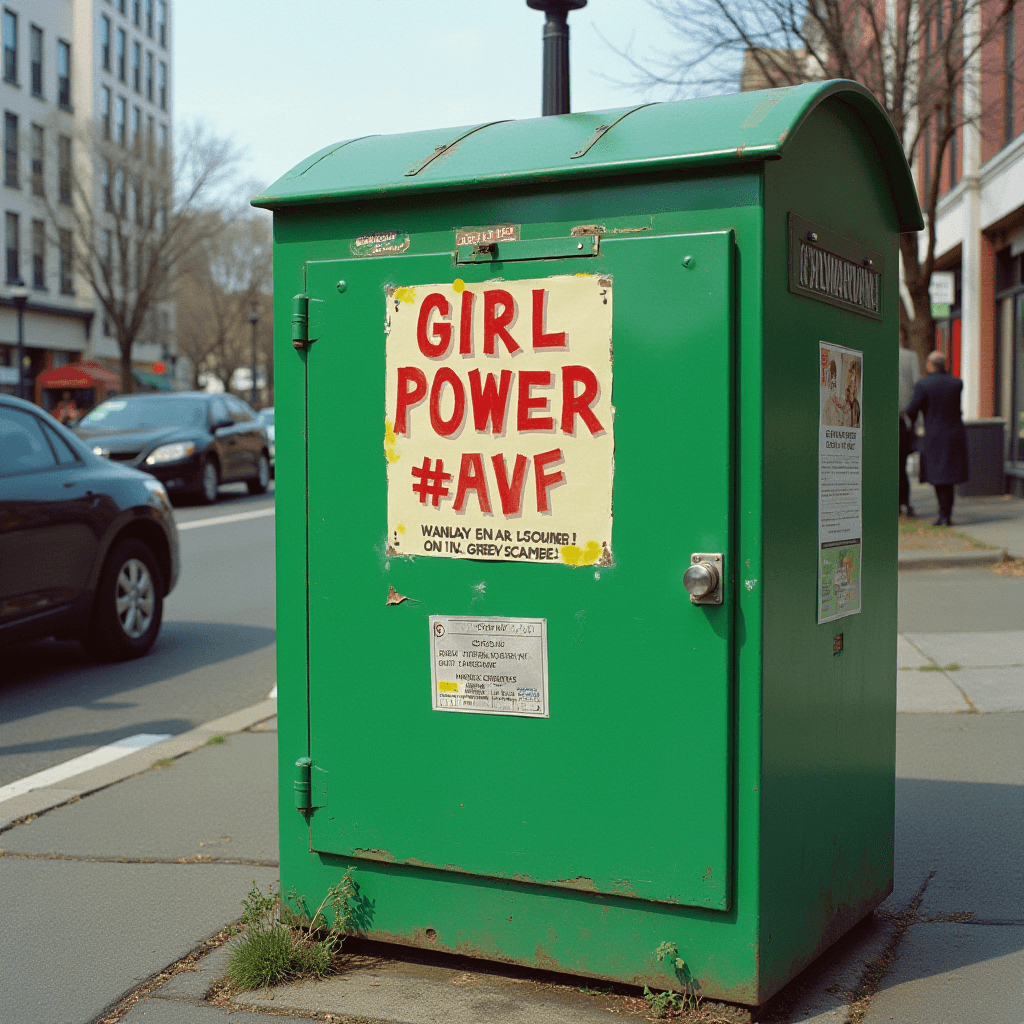 A green utility box on a city street is adorned with a handmade 'Girl Power #AVF' poster.