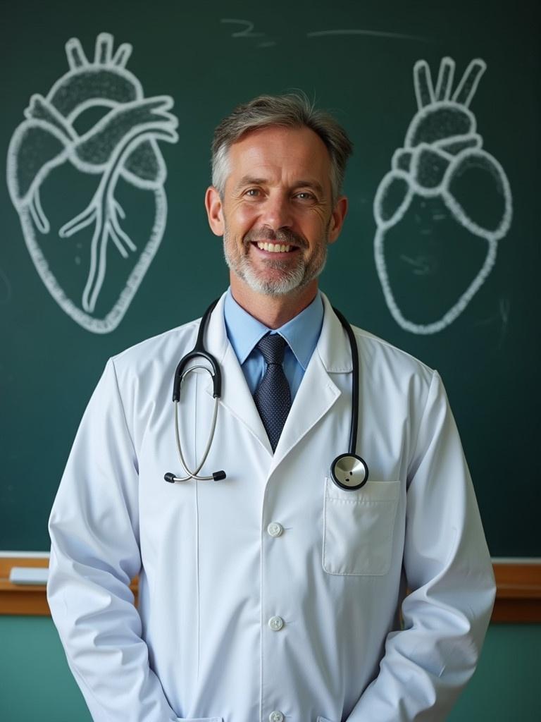 Doctor stands in front of a chalkboard. Doctor wears a white coat and stethoscope. Heart diagram is drawn on the board. Image conveys a sense of education and professionalism.