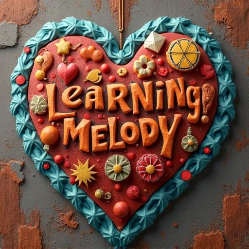 3D image displays the phrase LEARNING MELODY in bold colors and intricate textures. A heart shape surrounds the text. The design features a variety of decorative elements and vibrant colors to attract attention. Ideal for educational purposes.
