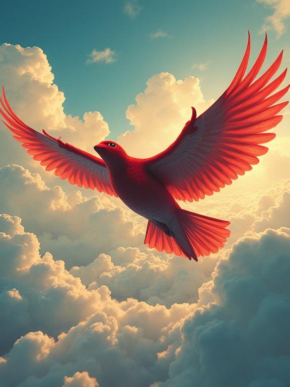 Create breathtaking flight with a vivid red bird in a pop art style against a beautiful sky with clouds