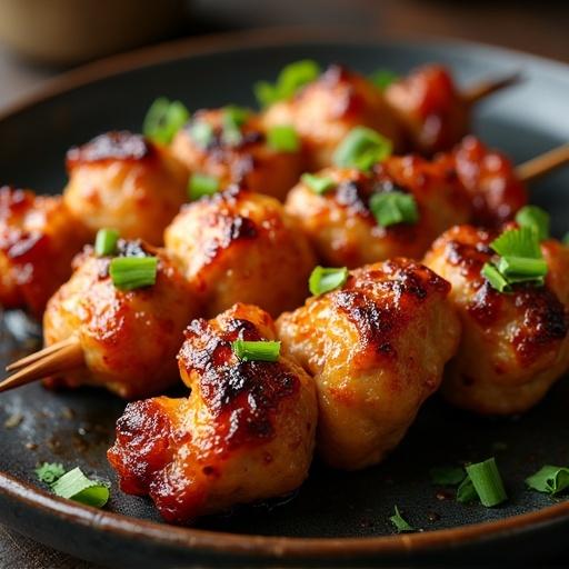 A close-up of grilled chicken skewers served on a black plate garnished with chopped green onions. The skewers are golden brown with a charred finish. The dish looks appetizing in natural light. Perfect for showcasing Chinese street food.