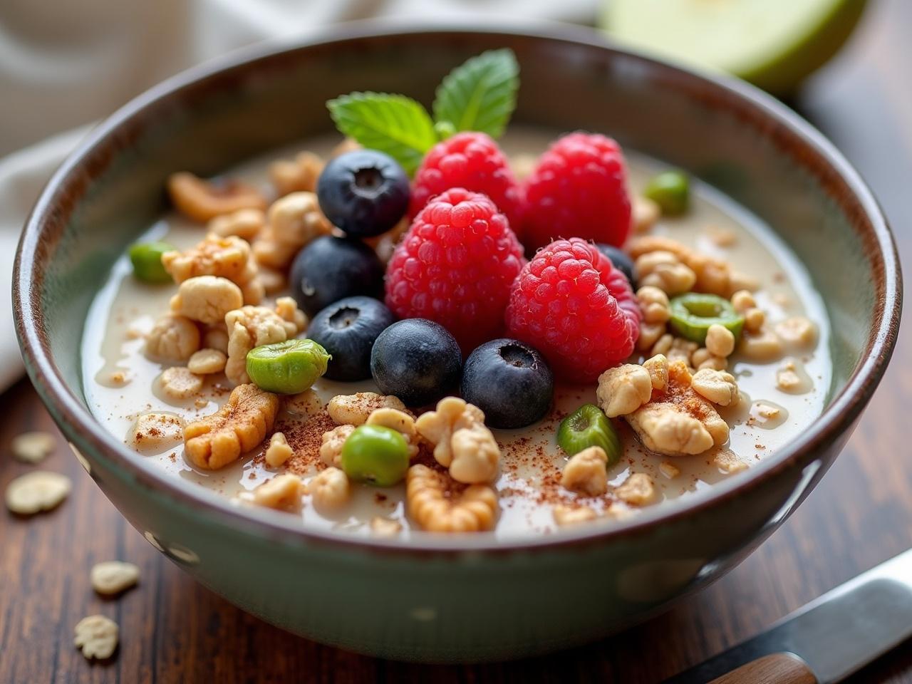 This image depicts a beautifully arranged bowl of overnight oats featuring vibrant mixed berries, including blueberries and raspberries, atop a creamy base. Garnished with green apple slices, walnuts, and a drizzle of honey, it showcases an appealing and nutritious breakfast option. The setting highlights a wooden table, giving a rustic feel that enhances the food's freshness. The vibrant colors of the fruits contrast beautifully with the oats, making it an enticing visual. This ultra-realistic photograph captures the textures and colors with great detail, making it ideal for food-related content.