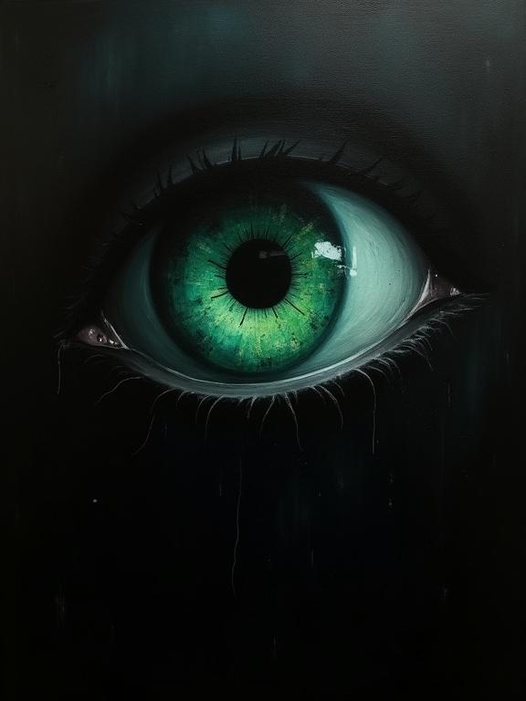 An oil painting features a giant male eye with a cosmic void. The background is completely black. The eye is in the top right corner of the canvas. It has faint green hues and an eerie, Lovecraftian feel.