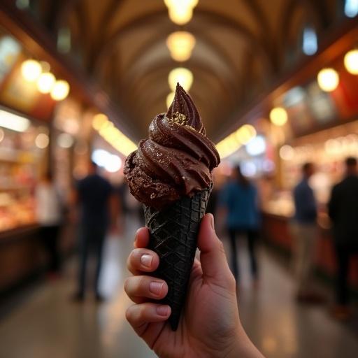 Eye-level shot featuring a hand with chocolate ice cream in a waffle cone. The ice cream is dark, with a sheen, topped with a gold glitter swirl. Background shows intricately designed ceilings and colorful lamps in Grand Bazaar, merchants and shoppers blurred.