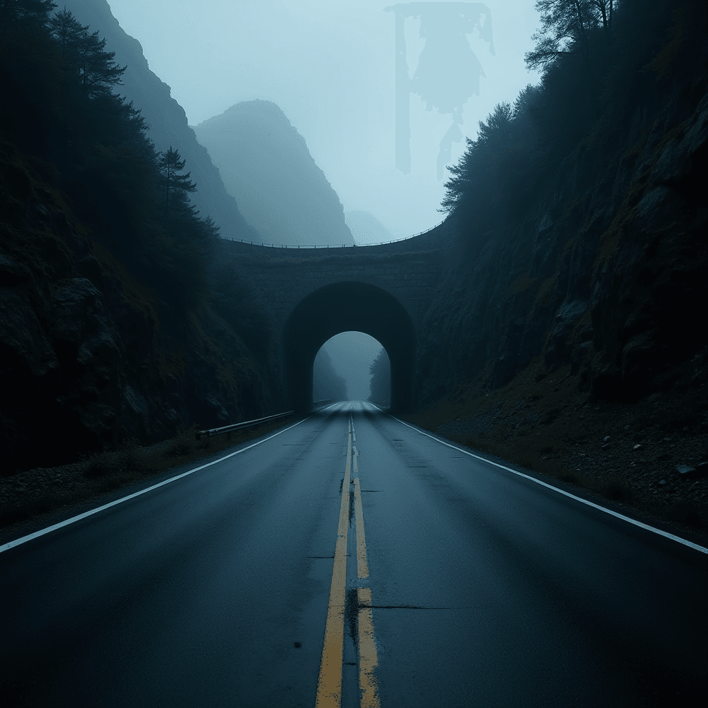 A foggy road leads to a tunnel through mountains, surrounded by trees.