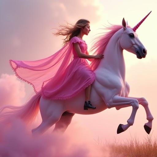 A realistic image featuring a pink unicorn being ridden by a princess. The scene is dreamy and magical with soft lighting.
