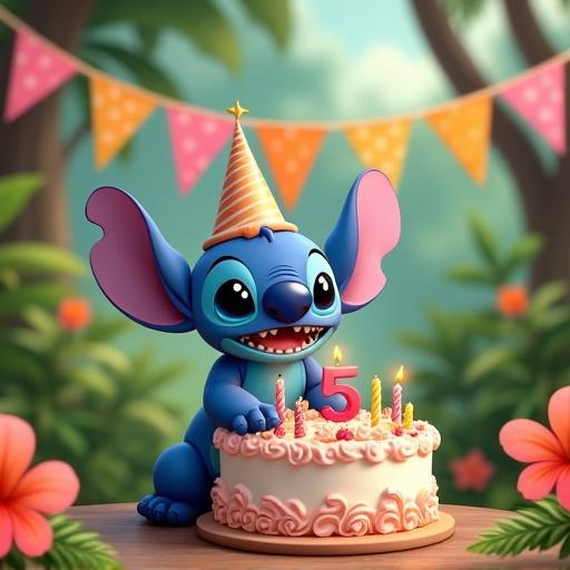 Stitch character celebrates fifth birthday with cake in tropical park. Colorful flag banner hangs above with name Skye. Scene includes tropical flowers and a joyful atmosphere.