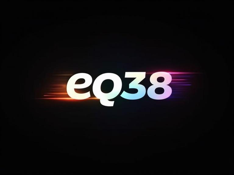 Logo features letters eq38. Background is black. Letters have rainbow gradient colors. Design is sleek and modern. Logo has a glowing effect.