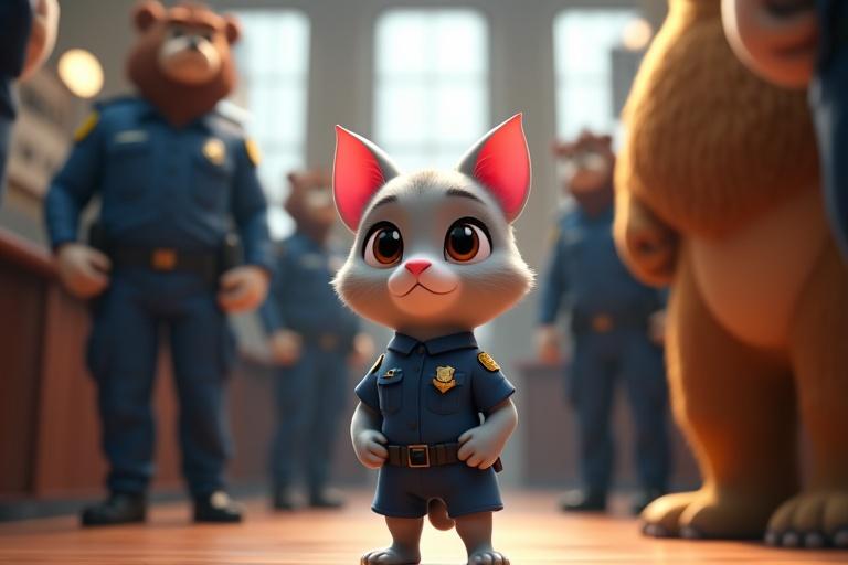 A 3D animated scene in a police station. A small officer cat stands confidently in a navy uniform. Surrounding larger animal officers like lions and bears. Bright daylight shines through windows highlighting her face.