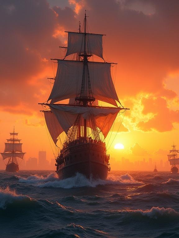 Large medieval-style sailing ship positioned mid-frame. Ship sailing across turbulent sea at sunset. Dark imposing ship with figures silhouetted on deck. Sails billowing catching golden light. Sunset sky painted in vibrant oranges reds purples. Sea mixed with deep blues stormy grays reflecting sunset hues. Other smaller vessels in distance near city skyline on horizon. Perspective from above waterline. Dramatic historical seafaring scene emphasizing strong light shadow contrasts.