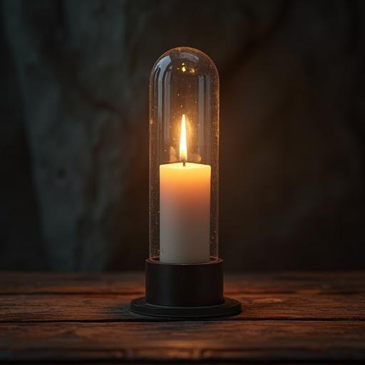 Candle placed in a vacuum tube. Candle is lit, creating a warm glow.