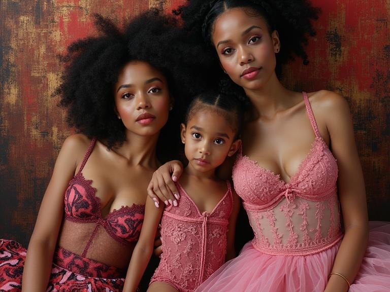 A surreal whimsical portrait of a family. The family wears eccentric lingerie in shades of pink and black. Intricate patterns are evident in the clothing. The background features contrasting brown and red tones. The style is influenced by the Harlem Renaissance, and art styles are inspired by Kandinsky, Studio Ghibli, and Gustav Klimt. The image is hyper-detailed with whimsical elements.