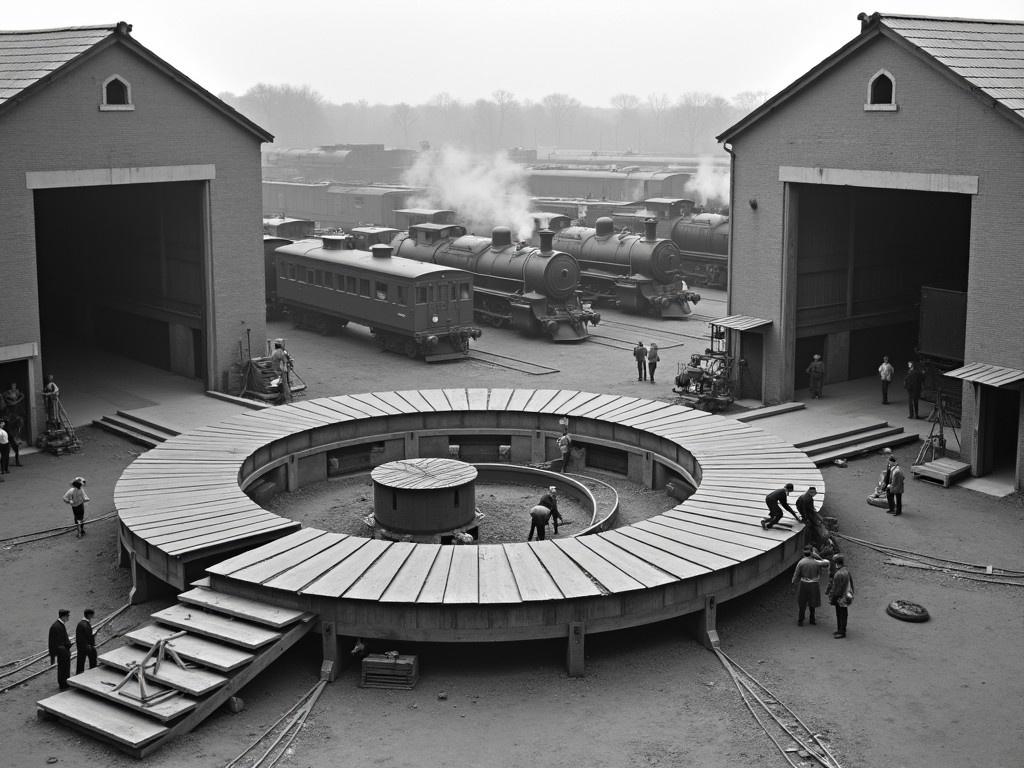 The image depicts a large railway turntable facility from June 9, 1919, in Ashtabula, Ohio. In the center, a circular turntable with tracks radiates outward is shown, where locomotives can be rotated. There are several steam locomotives parked in the background inside large brick buildings, their front faces visible from the open doors. Workers can be seen near the turntable, likely operating the equipment. The space around the turntable appears dusty and industrial, showcasing the architecture of early 20th-century train maintenance facilities.