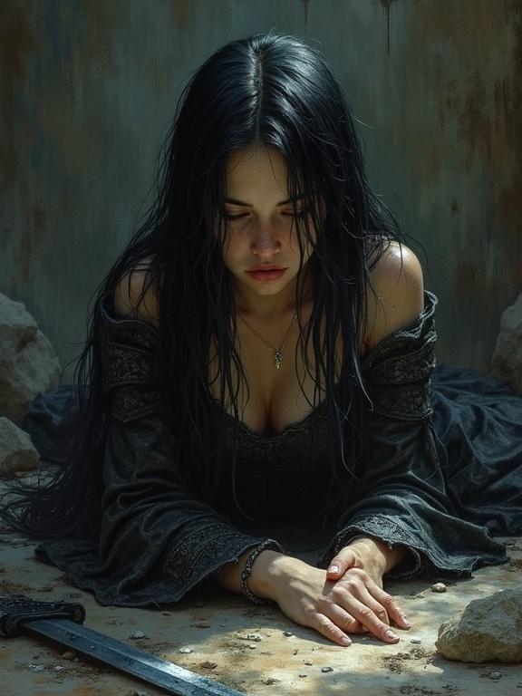 A girl is lying on the ground in a dark dungeon. She looks sad and defeated with long black hair. Her armor is torn and broken. A sword and shield are next to her. She covers her body with her hands and has delicate features with freckles. The lighting is dramatic with backlight.