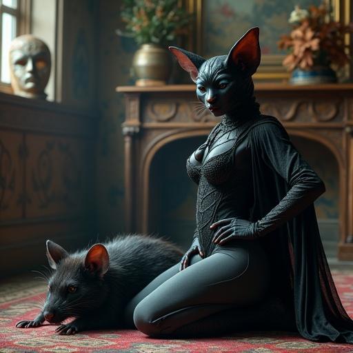 A female black bat kneels with hands on hips. The bat has beautiful blue eyes. An enormous black rat lies defeated on the floor. The background is a Victorian-style room adorned with Venetian masks.