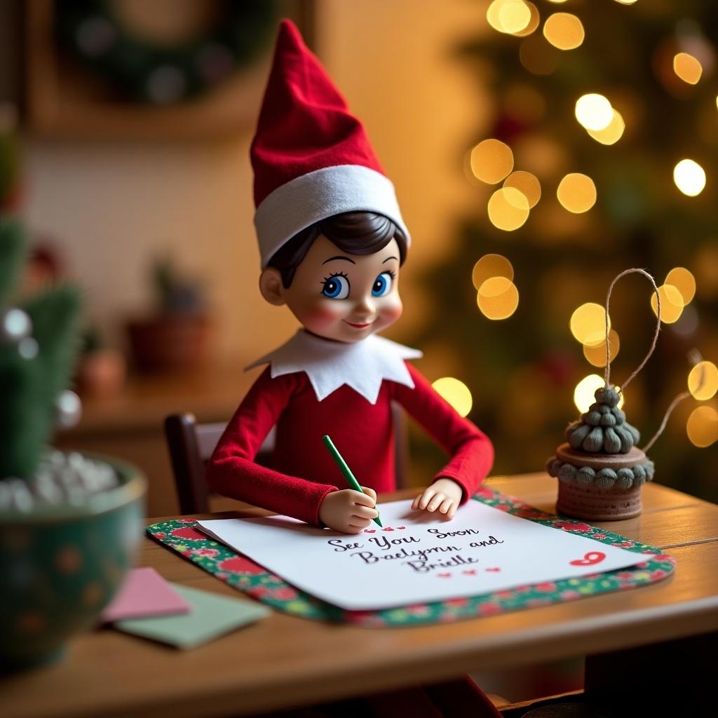 An Elf on the Shelf doll sits at a wooden table, carefully writing a note. The elf is dressed in a classic red outfit with a pointed hat. The note reads 'See You Soon Braelynn and Brielle.' Behind the elf, a beautifully decorated Christmas tree shines in the background. Soft lighting creates a warm, inviting atmosphere perfect for the holiday season. Nearby, festive decorations are scattered, enhancing the cheerful mood of the scene.