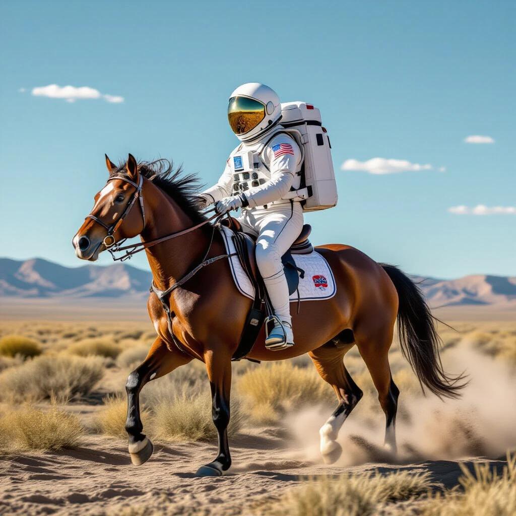 An astronaut on a horse in a desert landscape. The astronaut wears a white space suit and helmet. The horse runs at a fast pace on sandy ground. Mountains are in the background with a clear blue sky.