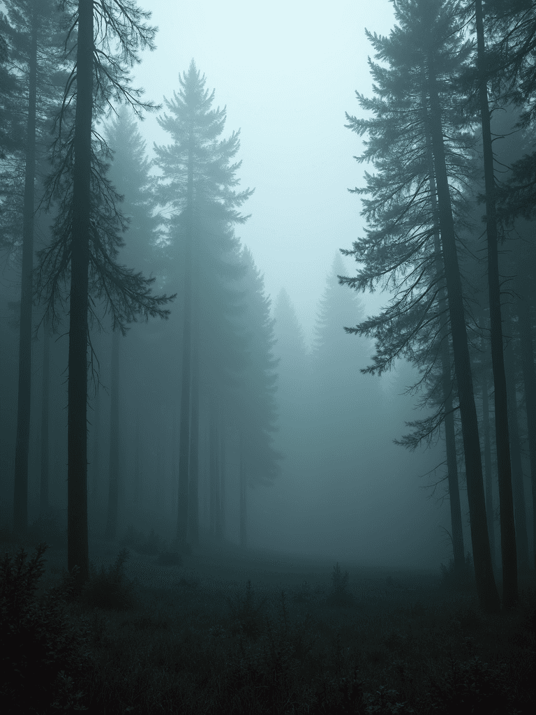 A serene and shadowy forest is enveloped in a thick, mysterious fog, with tall, slender trees fading into the misty background.