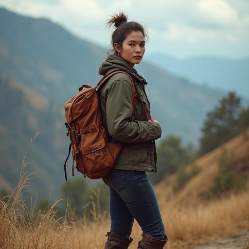 Travel scene in Bhutan featuring a petite hot traveler. Asian woman dressed in casual outdoor attire. Carrying a large bag on her back. Stand on a trail surrounded by mountains. Wears combat boots. Soft light illuminates the scene.