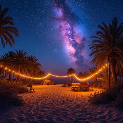 An exotic beach in Africa at twilight showing warm rope lights. Sandy ground surrounded by vegetation like palm trees and acacia. Colorful nebula glowing in the sky creating a magical atmosphere. Peaceful nomadic camp with shadows on the sand.