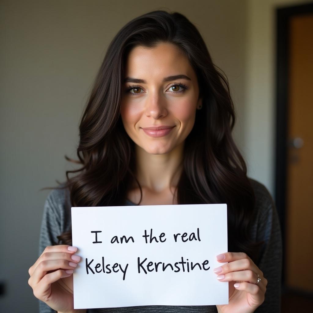 Woman with long dark hair holding a sign. Sign says I am the real Kelsey Kernstine. Frontal view. Natural lighting.