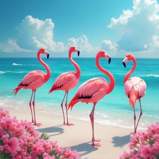 Pink flamingos standing gracefully on a beach alongside pink flowers. The scene is vibrant with a clear blue ocean and a bright sunny sky, conveying a tropical feel.