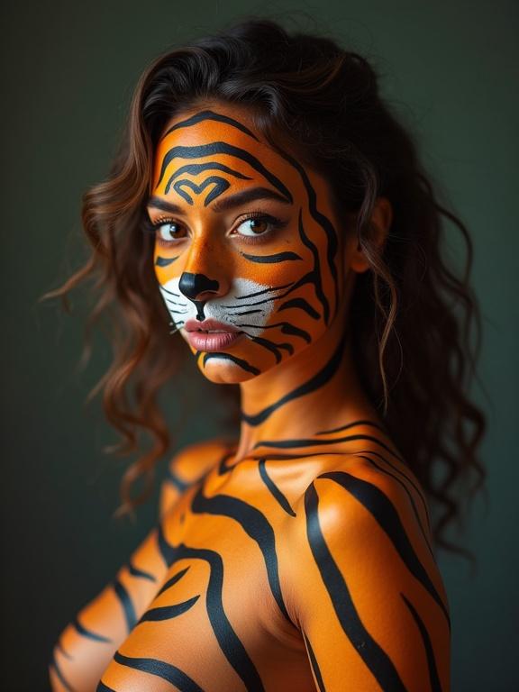 A woman adorned with tiger striped body paint covers her torso. The body paint features bold orange and black stripes, evoking the appearance of a tiger. The background is a muted dark green, enhancing the visual impact of the body art. Hair cascades in wavy locks, adding to the artistic aesthetic.