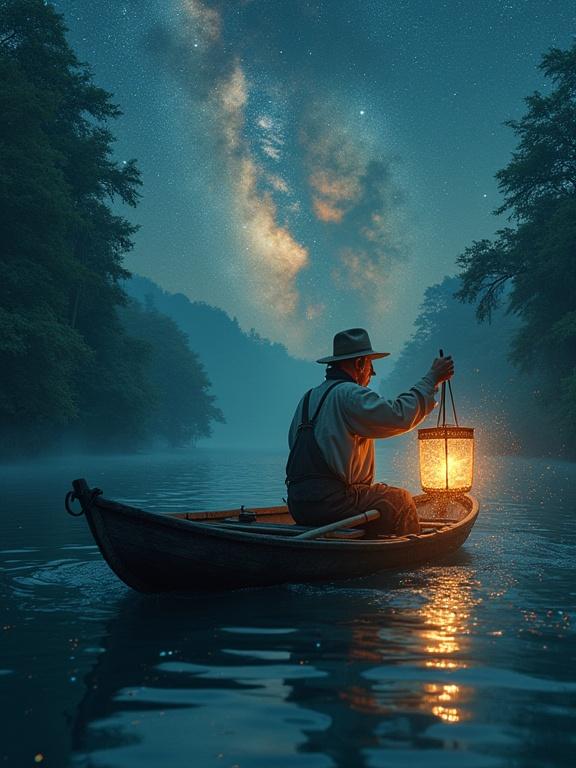 An old fisherman in a small wooden boat rows across a flowing river made of a liquid galaxy nebula. He gently catches glowing falling stars with an old fishing net and places them inside a glass lantern.