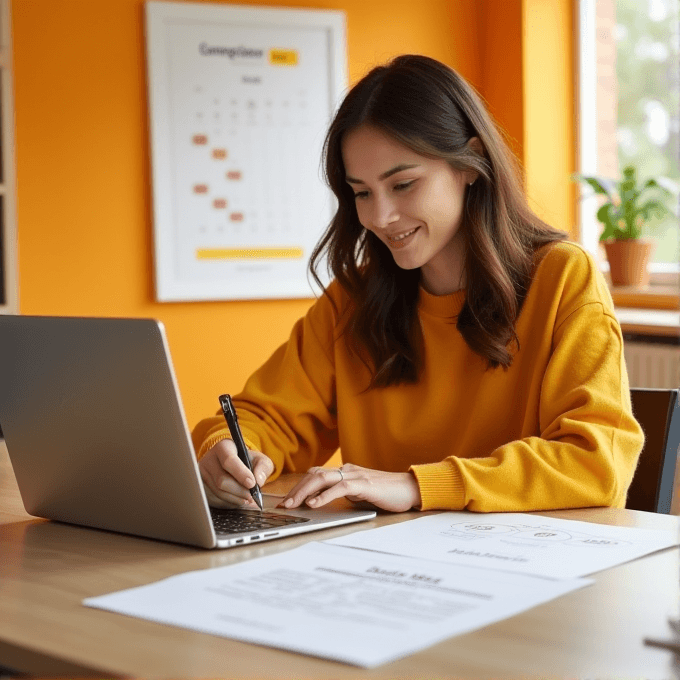 A woman in a yellow sweater works on a laptop at a desk with documents, with a bright orange wall in the background.