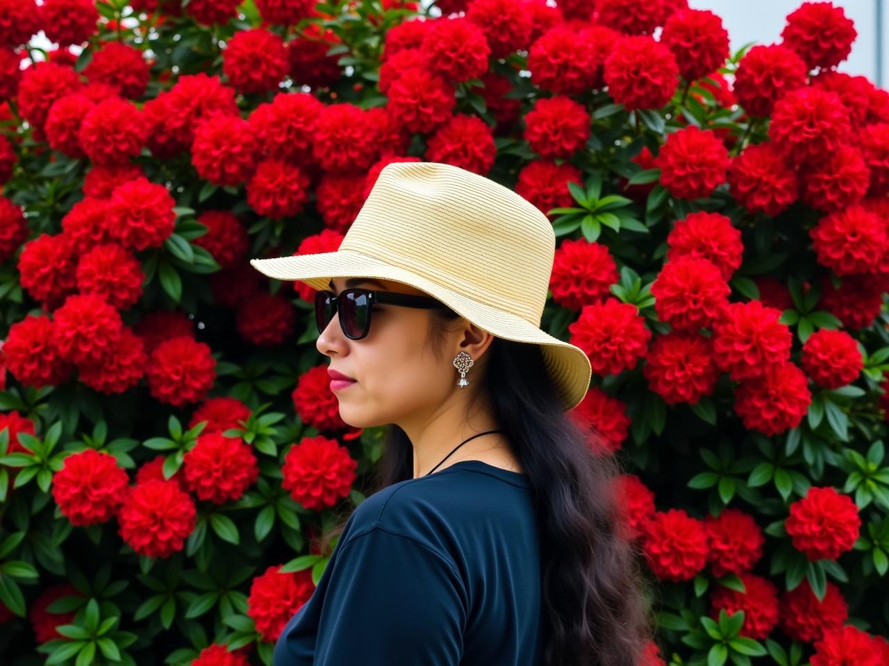 The image features a person standing in front of vibrant red flowers. They are wearing a straw hat and dark sunglasses, giving them a stylish look. The person's clothing is mostly dark, contrasting with the bright flowers behind them. Their ear shows a decorative accessory, showing a touch of personal style. The background is filled with lush green leaves, enhancing the beauty of the floral display.