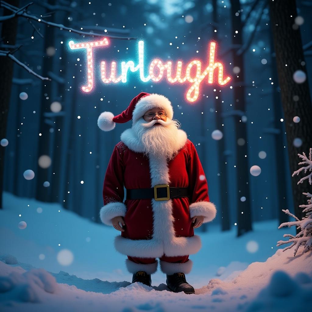 Magical Santa Claus figure stands in a snow-covered forest. The name Turlough is displayed in glowing lights.