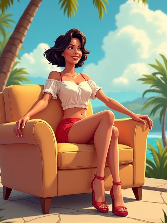 Illustration of a latina woman sitting outdoors on a yellow sofa. She has short hair and wears a breezy top and red high heels. The scene is bright and sunny with palms in the background. The woman smiles and looks away with her arms spread comfortably.
