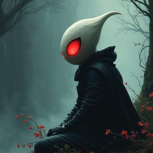 A character inspired by Hollow Knight sitting in a dark forest. The character has a ghostly head and red eyes. A mysterious atmosphere surrounds the character.