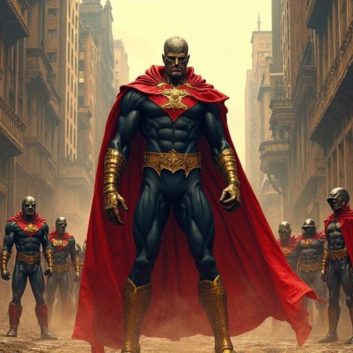 A giant Sandman battles the villain Mordru. The Justice League, depicted in their classic style, fights against Mordru's small army in Metropolis.