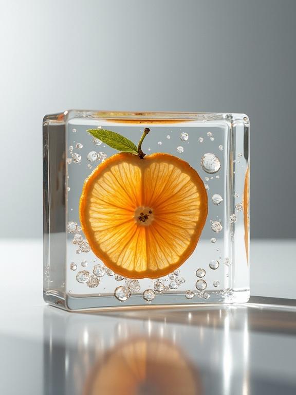 Hyper-realistic and minimalist product photography. Centered is a sliced almond immersed in clear shiny liquid in a transparent Petri dish. Drops of liquid surround the flower in the dish. Three clear glass pipettes extend towards the dish: one drips liquid from above, another is inserted horizontally with a small bubble visible, and a third approaches from below. Multiple glass Petri dishes, some empty and others with a thin layer of liquid, are partially visible and blurred on the edges creating soft depth of field. Soft, diffused lighting is primarily from above, generating gentle reflections on the glass and liquid, and a subtle shadow beneath the central dish. The background is a soft gradient of cool gray, lighter at the top and darker below. Focuses on the transparency of the glass and liquid, the fuzzy texture of the flower, spherical droplets, and air bubbles.