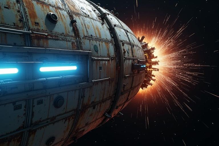 Ultra-realistic cinematic view of an external camera mounted on a rusty spacecraft in deep space. The spacecraft shows battle scars and flickering blue lights. Internal blasts create glowing cracks and sparks flying in slow motion. Background features a dark void of space with a faint nebula.