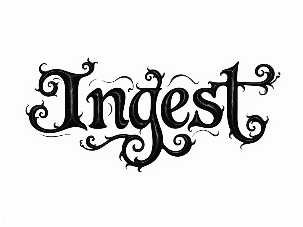 The image features the word 'Ingest' styled in an artistic and elaborate font. The letters are adorned with swirling and decorative flourishes. The color palette consists of black text on a white background, creating a strong contrast. This design evokes a sense of creativity and elegance. The text is presented in a flat perspective, providing a straightforward view. It would be suitable for various design applications, from branding to personal projects.