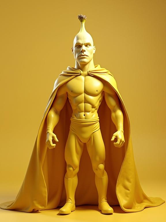 A muscular superhero figure with a banana theme. Bright yellow color and a cape. Character stands confidently on a plain yellow background.