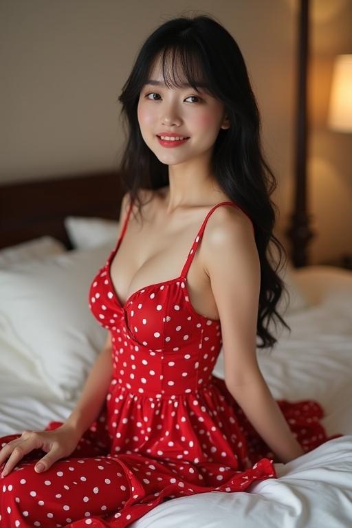 Model style of Taiwanese woman in a luxurious bedroom. She wears a shiny red nightgown covered in white dots. Posed sitting on a bed with soft lighting. Natural smile with straight black hair. Appears around 24 years old.