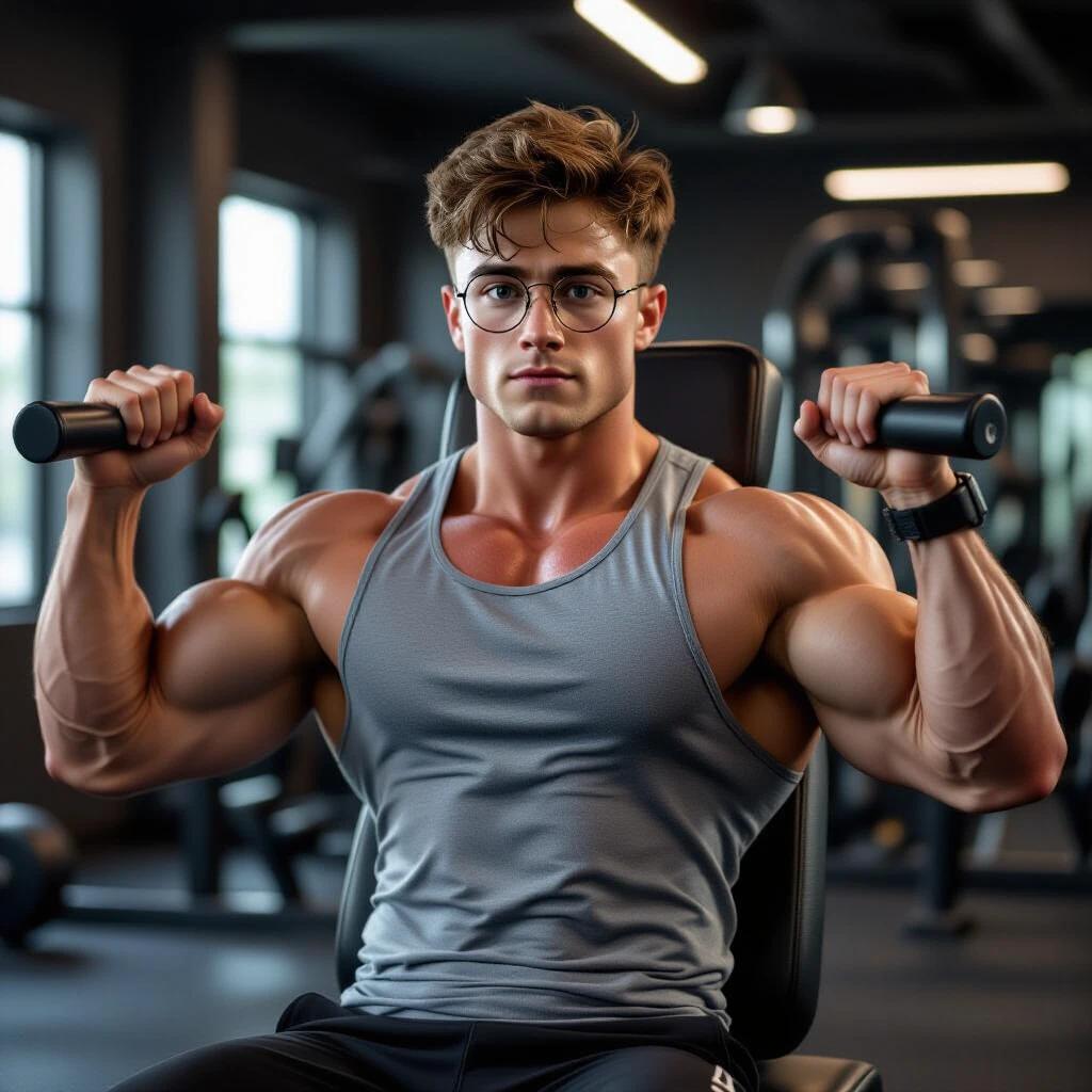 A muscular man performs a chest fly exercise on a pec deck machine in a modern gym. He wears a tight gym tank top, showcasing a shredded and vascular physique. Well-defined chest, shoulders, and arms. Seated upright; grips the handles firmly with proper form. Sweat glistens under gym lighting. Background includes gym equipment and mirrors.