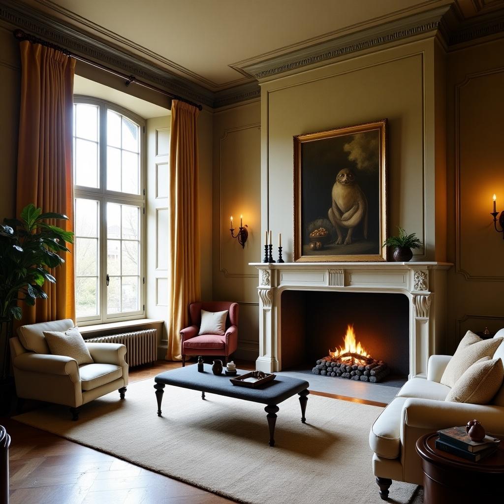 An elegant living room featuring a fireplace. Large curtains frame a big window. A painting hangs above the fireplace. Cozy furniture is arranged around, creating a warm atmosphere.