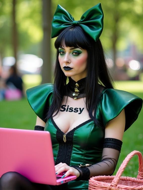 A young person in a shiny green outfit with black accents sits outside in a park using a pink laptop. They have a large green bow in their dark hair and elaborate makeup. A wicker basket and pink bag are nearby. Trees and people are visible in the background.