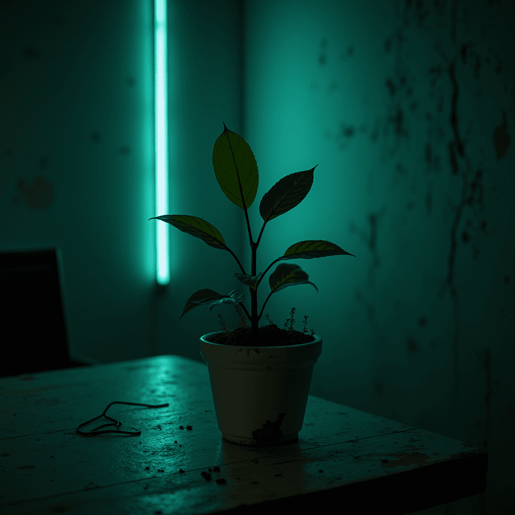 The image showcases a potted plant on a wooden table, illuminated by an ambient, teal-colored light source. The plant is positioned centrally in a simple, white pot, with a few leaves casting dramatic shadows. The surrounding environment appears minimally furnished, with a neon light fixture casting a soft glow on the wall behind, which has a slightly worn texture. The atmosphere is somewhat mysterious, evoking a sense of tranquility and seclusion. A piece of wire lies on the table, adding a touch of randomness to the scene.