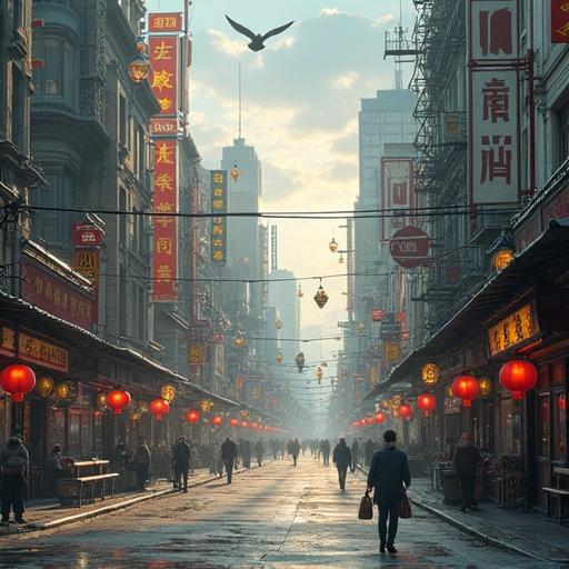 Image shows a vibrant urban street with lanterns and people. Background has tall buildings. Foggy atmosphere with a sense of community and interaction.