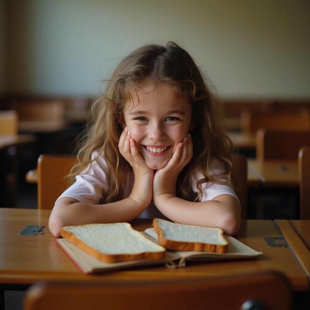 A brown-haired girl sits at a school desk with her hands holding toast. The atmosphere is casual and relaxed. She is focused and engaged with her snack. Soft light highlights the scene.