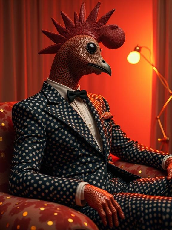 A humanoid figure with a chicken head sits in a chair. The figure wears a black and white polka dot suit. The background is a warm-toned gradient. The lighting is warm and inviting. This is a creative fashion illustration inspired by a well-known designer.