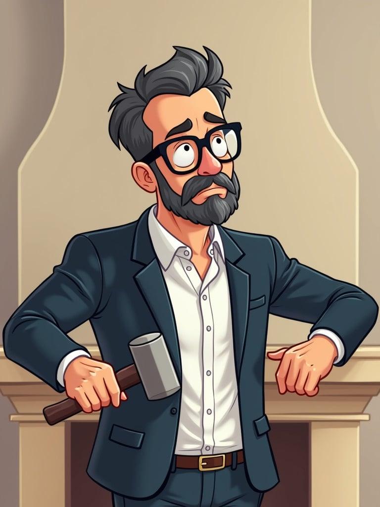 Cartoon character is a middle-aged man He has short black hair and a beard He wears glasses and a white button-down shirt under a navy-blue blazer He leans on a light-beige fireplace He looks sad holding a hammer and sickle